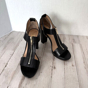 Franco Sarto Myriad Heels 10M Gold Zipper T Strap Open Toe Party Cocktail Shoes